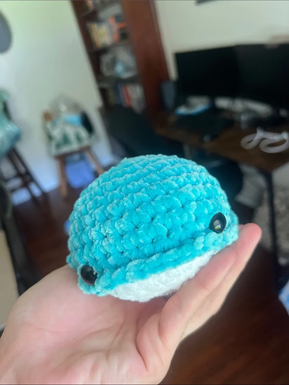 Crochet turquoise & white whale plush